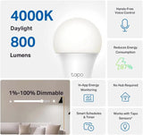 TP-Link Tapo Smart Light Bulbs - Natural Daylight, Dimmable, Compatible w/Alexa and Google Home, A60 Bulb/E27 Base, 60W Equivalent, 800LM CRI>90, 2.4GHz WiFi Only, No Hub Required, Tapo L520E(4-Pack)