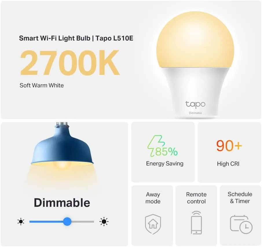 Tapo Smart Light Bulbs L510E(4-Pack), A19 E26, 800 Lumens (60W Equivalent)