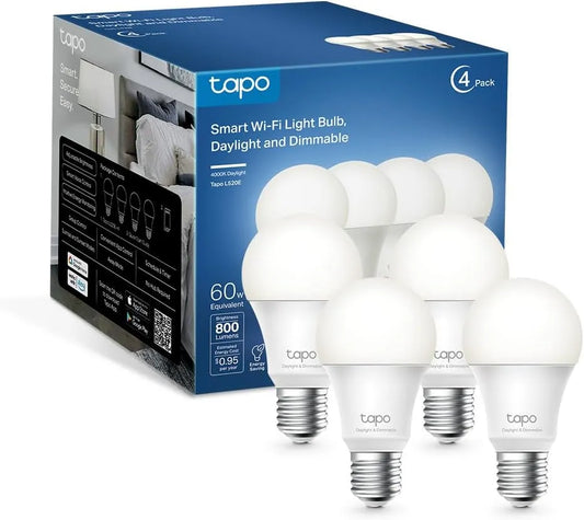 TP-Link Tapo Smart Light Bulbs - Natural Daylight, Dimmable, Compatible w/Alexa and Google Home, A60 Bulb/E27 Base, 60W Equivalent, 800LM CRI>90, 2.4GHz WiFi Only, No Hub Required, Tapo L520E(4-Pack)