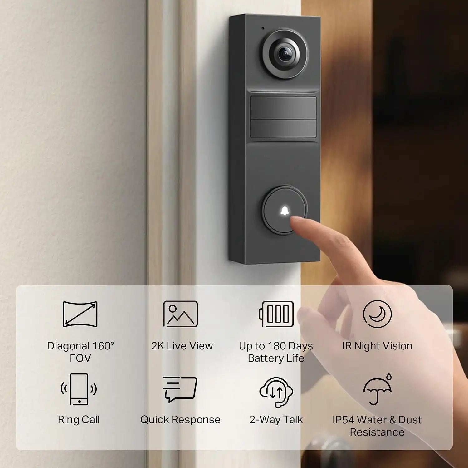 Tapo 2K Wireless Smart Video Doorbell, D205, 160° Ultra-Wide View
