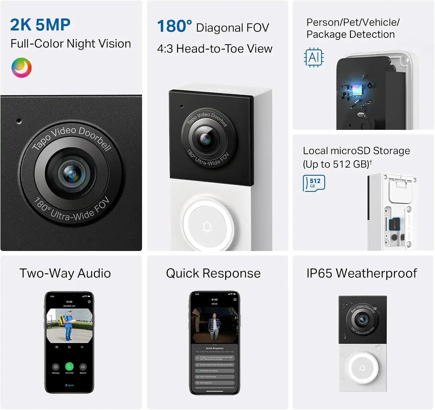 Tapo 2K Wired Smart Video Doorbell w/Chime, D130, 180° Ultra-Wide FOV