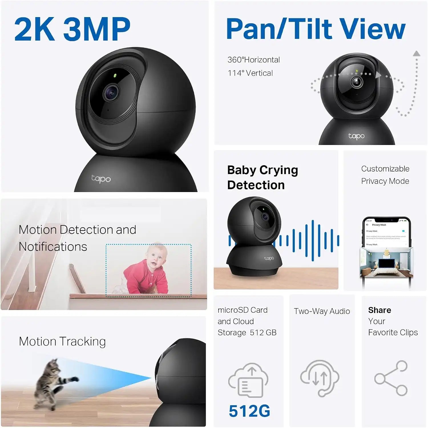 Tapo 2K Pan Tilt Security Camera for Baby Monitor, Dog Camera, C211