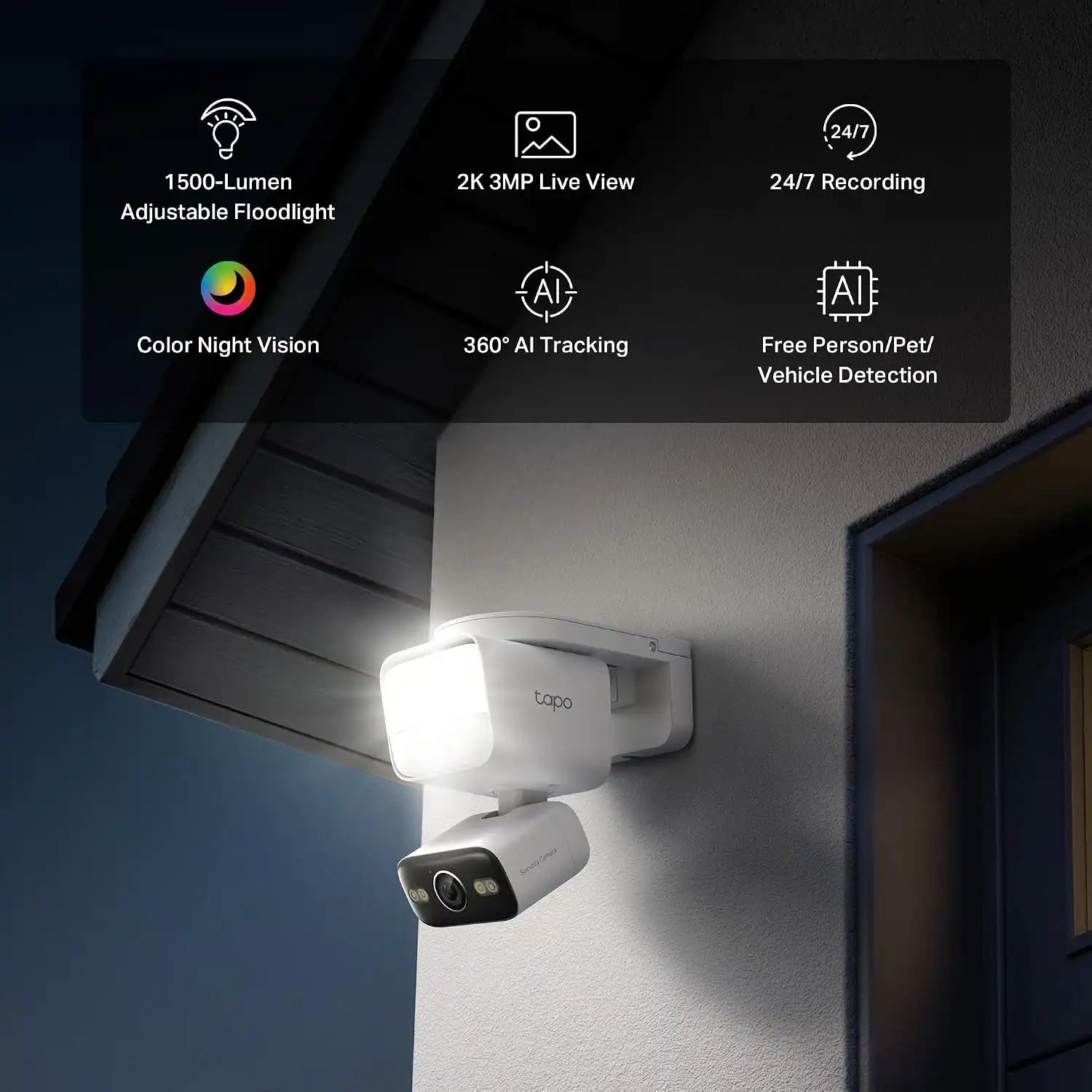 Tapo 2K Outdoor Pan/Tilt Wired Floodlight Security Camera, C710, 1500LM