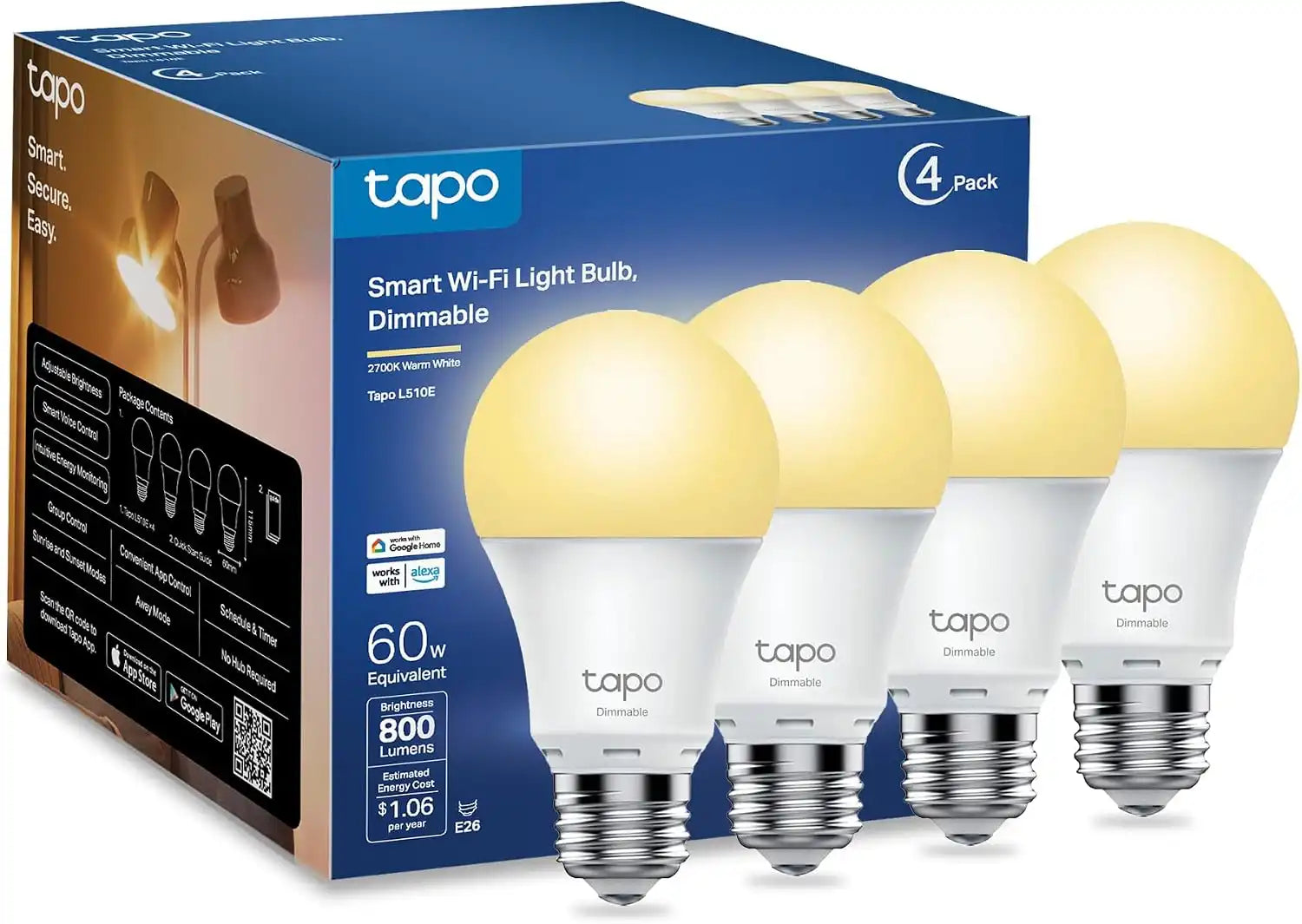 Tapo Smart Light Bulbs L510E(4-Pack), A19 E26, 800 Lumens (60W Equivalent)