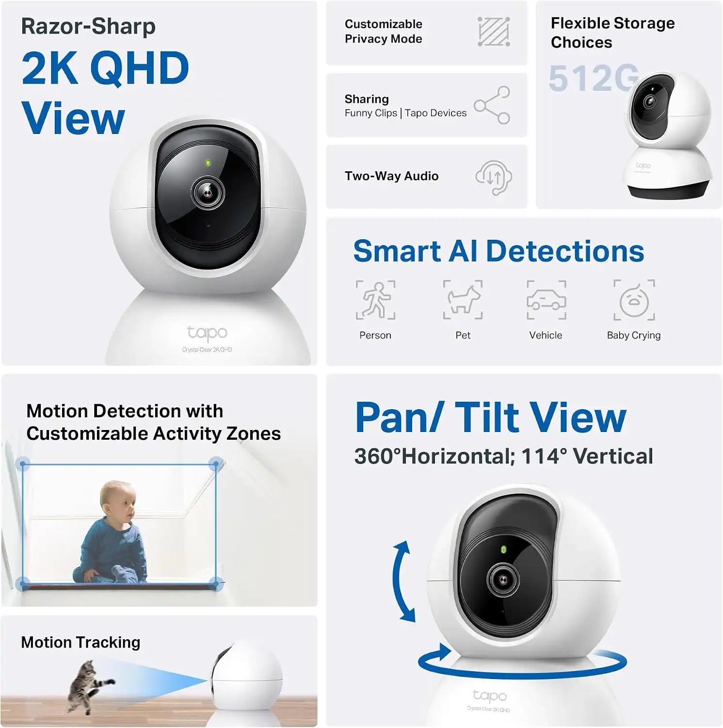 Tapo 2K+ Pan/Tilt Security Camera for Pet Camera, Baby Monitor, C220