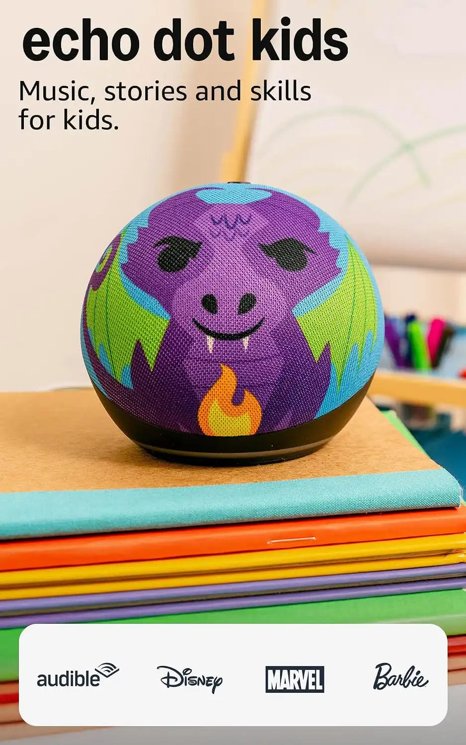 Amazon Echo Dot Kids (newest model), Smart speaker to enjoy age-appropriate audiobooks, sleep routines and Alexa+ experiences to create and learn, Dragon design
